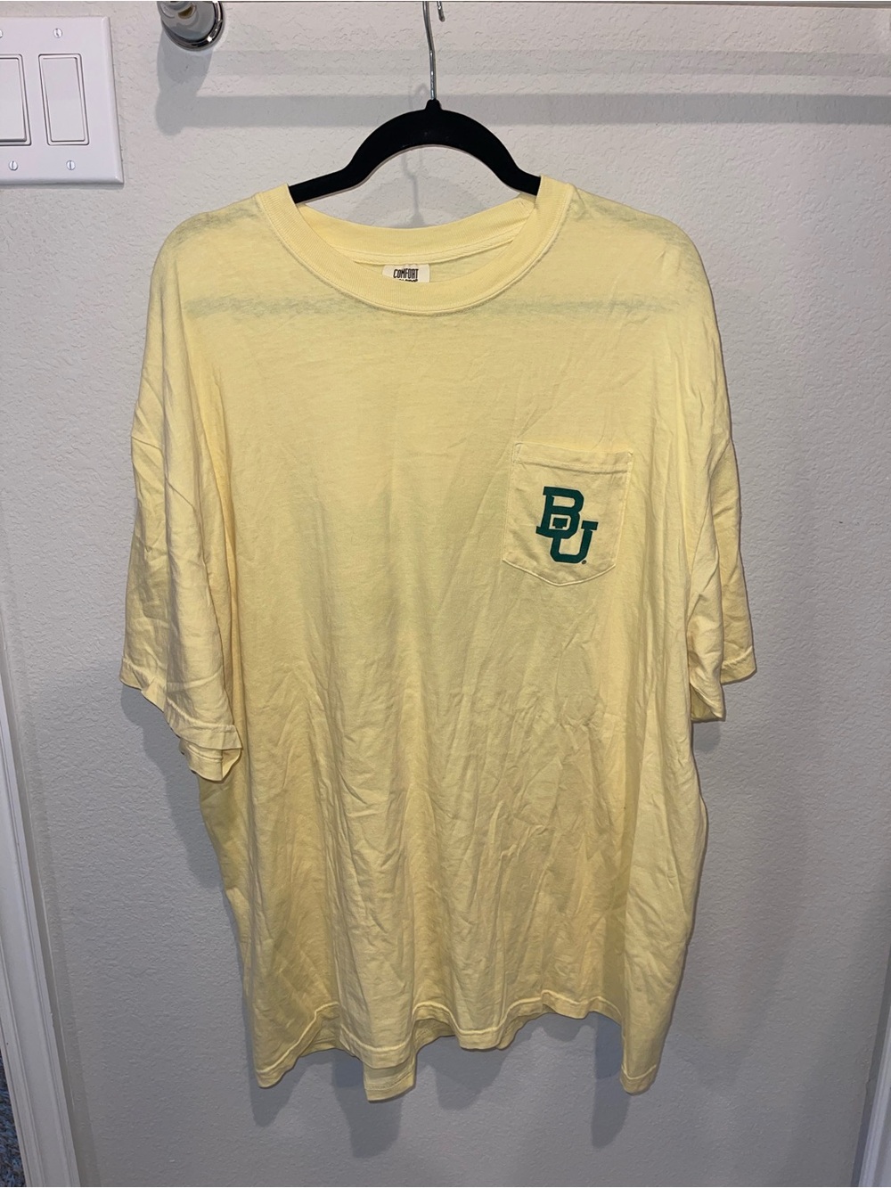 Comfort Colors Yellow Short Sleeve Pocket Tee with Green BU Logo